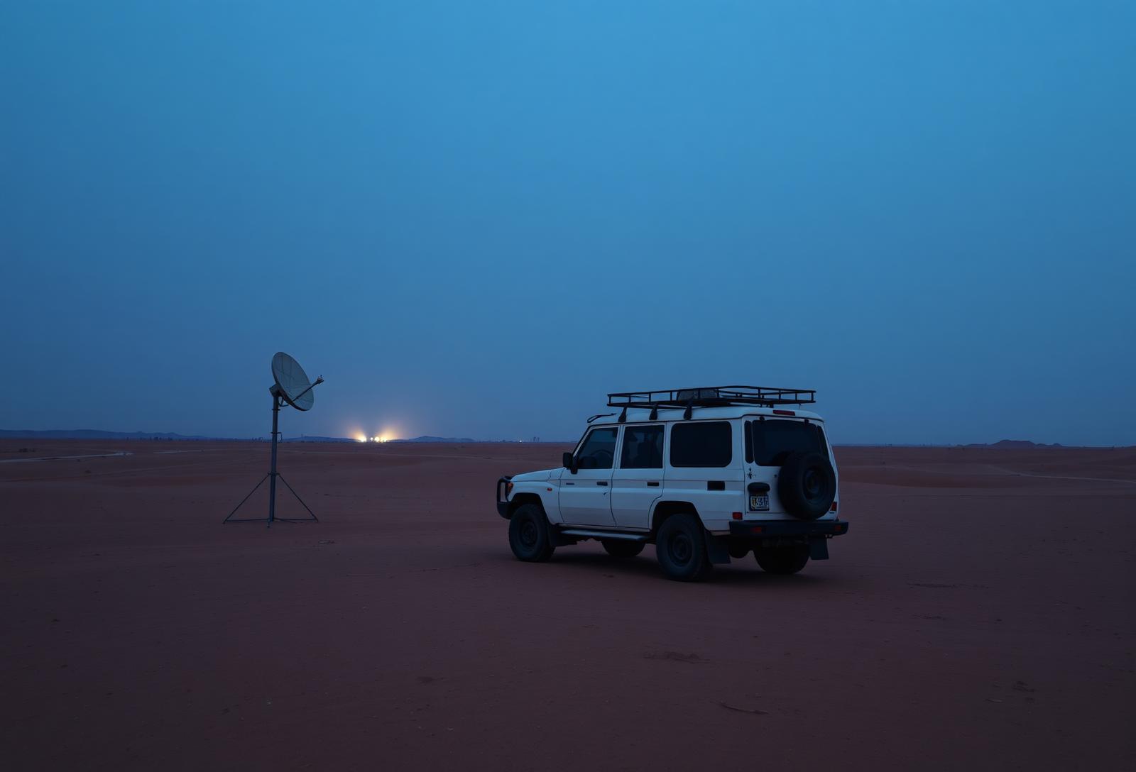 Vehicle in the desert with a portable satellite dish